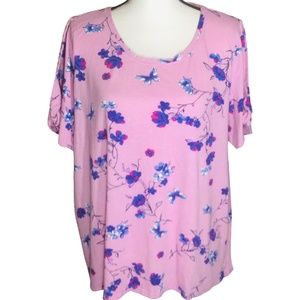 🖤 Women Within Pink Flower Floral Shirt Size 1X (22/24) Slit Short Sleeve